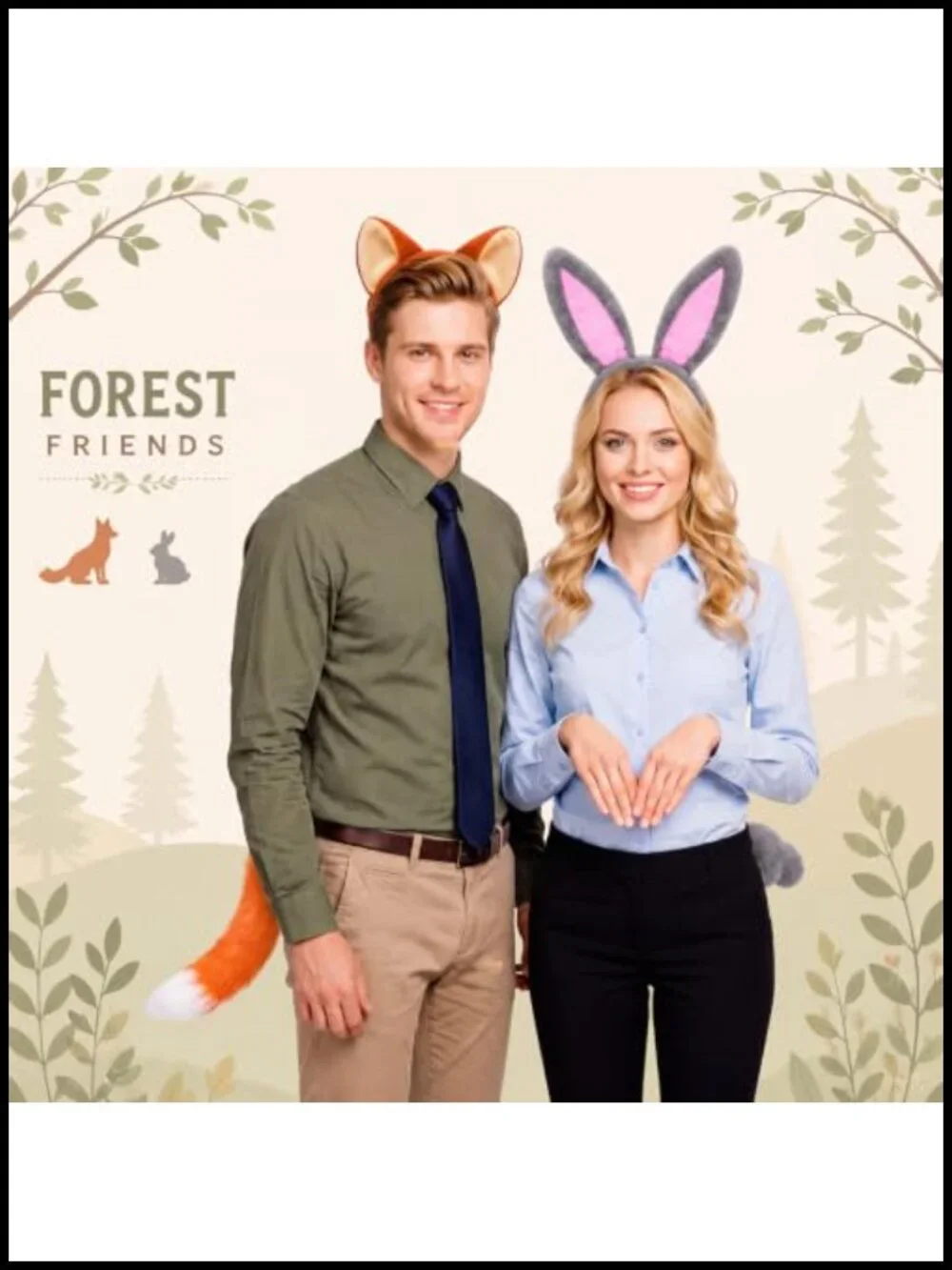 Halloween Couple Costume Set Rabbit & Fox Headbands Tails Tie Cosplay